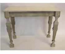 Decorative painted modern console table with marble effect top, square fluted legs with carved