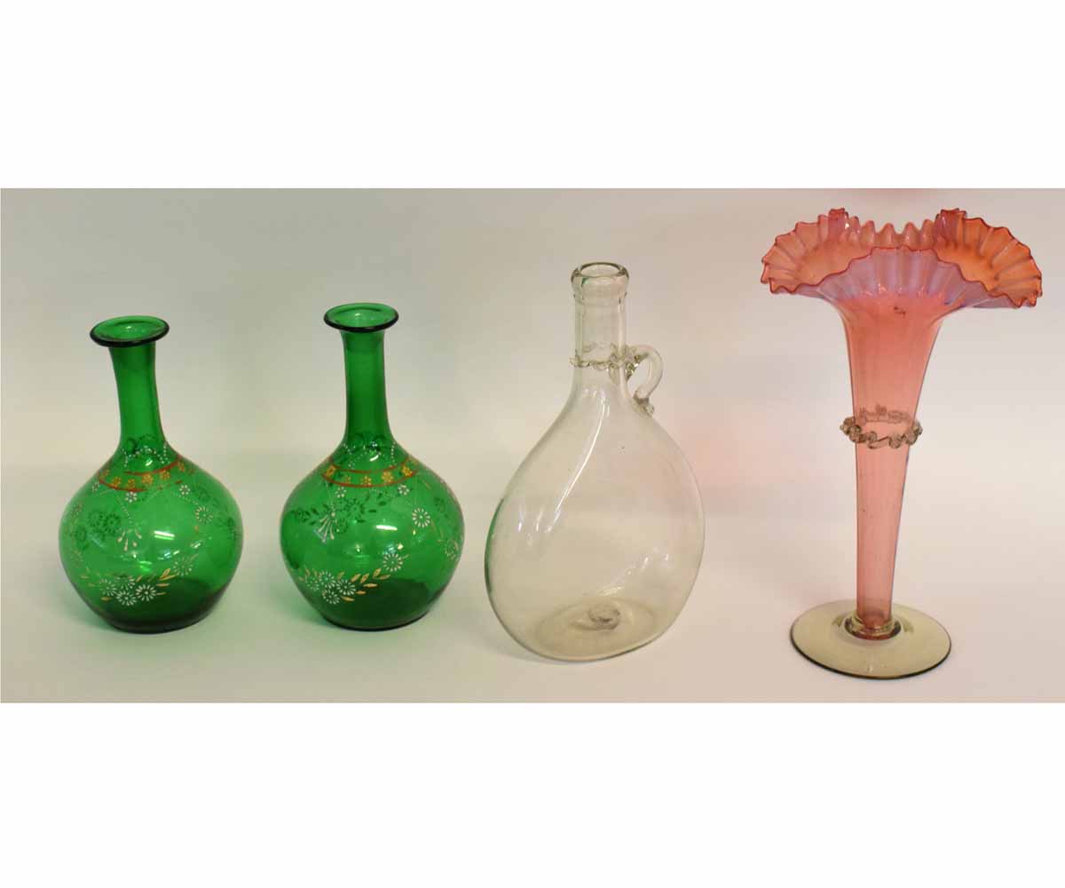 Group of glass wares including pair of green vases with overlay decoration, a pink trumpet vase