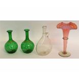 Group of glass wares including pair of green vases with overlay decoration, a pink trumpet vase