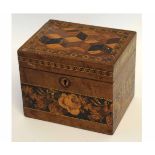Small wooden box with marquetry inlay and Tonbridge ware strip to side, 14cms long