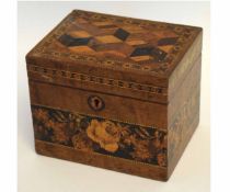 Small wooden box with marquetry inlay and Tonbridge ware strip to side, 14cms long