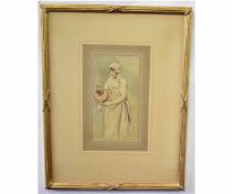 James Ward, signed watercolour, Lady with water pitcher, 20 x 10cms