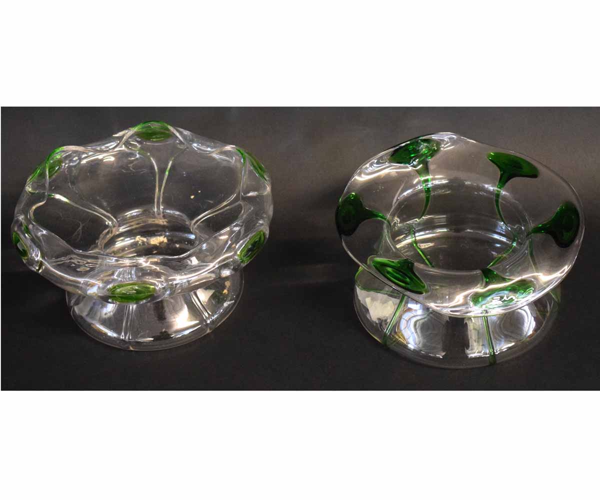 Two glass bowls with Art Nouveau style decoration, picked out in green glass, largest 22cms diam