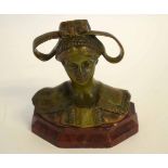 Ella Weber signed bronze bust of a young girl with ribbons in her hair on a shaped marble base,