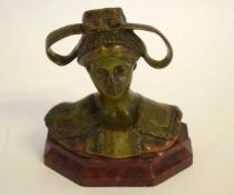 Ella Weber signed bronze bust of a young girl with ribbons in her hair on a shaped marble base,