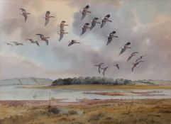 AR ROBERT W MILLIKEN (1920-2014) Geese in flight over an estuary watercolour, signed lower right