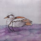 JENNI MILNE (20TH CENTURY) "Smew" painting on silk, initialled and dated '89 verso 26 x 25cms