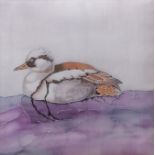 JENNI MILNE (20TH CENTURY) "Smew" painting on silk, initialled and dated '89 verso 26 x 25cms