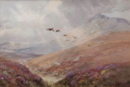 AR ROLAND GREEN (1896-1972) Grouse in flight over moorland watercolour 34 x 50cms