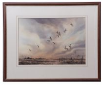 AR SIMON T TRINDER (born 1958) "Widgeon alighting over the marsh" watercolour, signed lower right 25