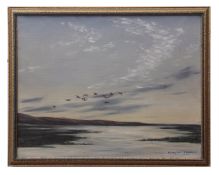 GEOFFREY CAMPBELL BLACK (20TH CENTURY) Geese in flight over an estuary at dusk oil on canvas, signed