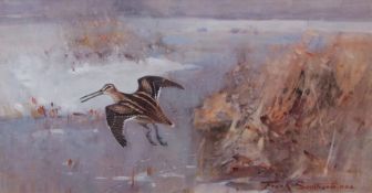 FRANK SOUTHGATE, RBA (1872-1916) "Long bill in flight on the Leas (Common Snipe)" watercolour,