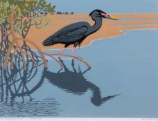 AR ROBERT GILLMOR (born 1936) "Madagascar Heron - Bird Fair 2003" linocut, signed, numbered 7/10 and