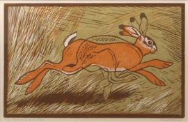 AR ROBERT GILLMOR (born 1936) "The Running of the Hare" linocut, signed, numbered 10/30 and