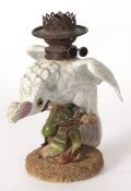 Late 19th century oil lamp modelled as a Continental porcelain figure of a parrot decorated in white
