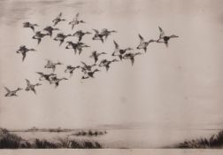 AR ROLAND GREEN (1896-1972) "Pochard over Heigham Sound" black and white etching, signed lower right