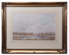 POLLY WISCAS (20TH CENTURY) Swans in flight over an estuary watercolour, signed and dated 96 lower