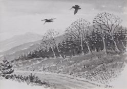 AR DONALD WATSON (1918-2005) Woodcocks over a birch wood monotone watercolour, initialled lower