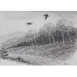 AR DONALD WATSON (1918-2005) Woodcocks over a birch wood monotone watercolour, initialled lower