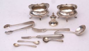 Mixed Lot: pair of oval open salts, together with two various forks, sugar tongs, five various