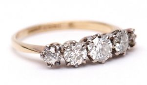 Five stone diamond ring, a row of five graduated brilliant cut diamonds (0.60ct approx), stamped