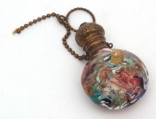 Early 20th century glass bodied and base metal mounted perfume flask, the ovoid body with coloured