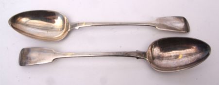 Two George IV Fiddle pattern basting spoons (erased), length 30cms, combined wt approx 256gms,