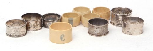 Mixed Lot: six various napkin rings, each of circular form, combined wt approx 120gms, together with