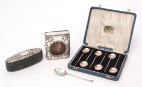 Mixed Lot: cased set of six coffee bean finial type coffee spoons, together with a silver mounted