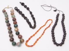 Mixed Lot: lightweight amber bead necklace, jet necklace, black agate necklace and green agate
