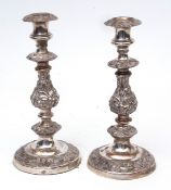 Pair of mid-19th century silver on copper baluster candlesticks, height 26cms (2)