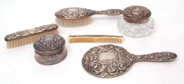 Mixed Lot: part dressing table set comprising hand mirror, clothes brush, hair brush and silver