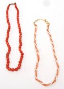 Mixed Lot: vintage single row of coral bead necklace with graduated drum shaped beads, to a yellow