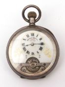 Early 20th century silver cased open face keyless 8-day watch, Hebdomas, the movement fitted with