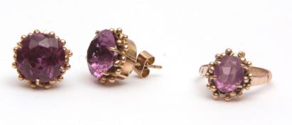 Mixed Lot: pair of yellow metal and purple stone earrings, having post fittings, together with a