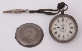 Late 19th century Swiss silver cased open face cylinder fob watch, the frosted gilt and jewelled