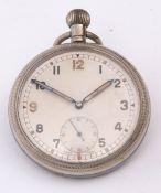 Mid-20th century Government issue nickel cased open face lever watch, the Swiss 15-jewel movement (