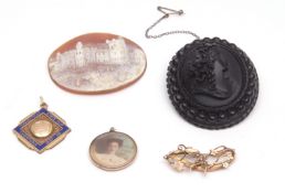 Mixed Lot: unmounted oval cameo of a castle, a large jet type brooch, a 9ct stamped seed pearl