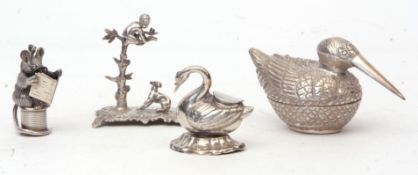 Mixed Lot: two various containers, each modelled in the form of a bird, together with a ring stand