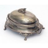 Late 19th century electro-plated butter dish of oval form with Greek key border and cows head and