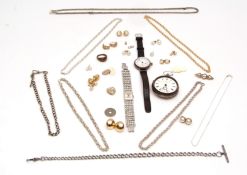 Mixed Lot: silver pocket watch (a/f), white metal wristwatch, various necklaces, rings, chains etc