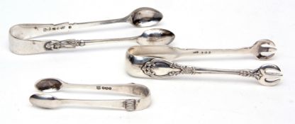 Mixed Lot: two pairs of hallmarked silver sugar tongs together with a further electro-plated pair,