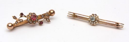Mixed Lot: two antique bar brooches, both stamped 9ct, both seed pearl set, 4.4gms gross wt