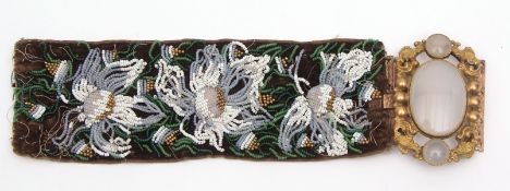Victorian part bead work belt, with an ornate large gilt metal and crystal buckle (a/f)