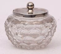 Edward VII clear moulded glass preserve pot with pull off silver cover of compressed circular