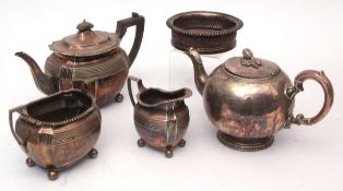 Mixed Lot: electro-plated three-piece tea set together with a further single bullet form teapot