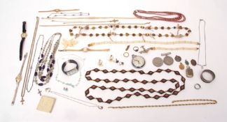 Box of miscellaneous costume jewellery to include wristwatches, bracelets, coins, necklaces etc