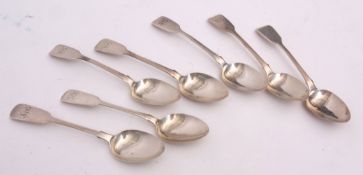 Mixed Lot: seven various Fiddle pattern tea spoons, all initialled, combined wt approx 107gms,