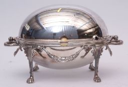 Early 20th century electro-plated oval two-handled serving dish, polished hinged and domed cover