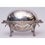 Early 20th century electro-plated oval two-handled serving dish, polished hinged and domed cover